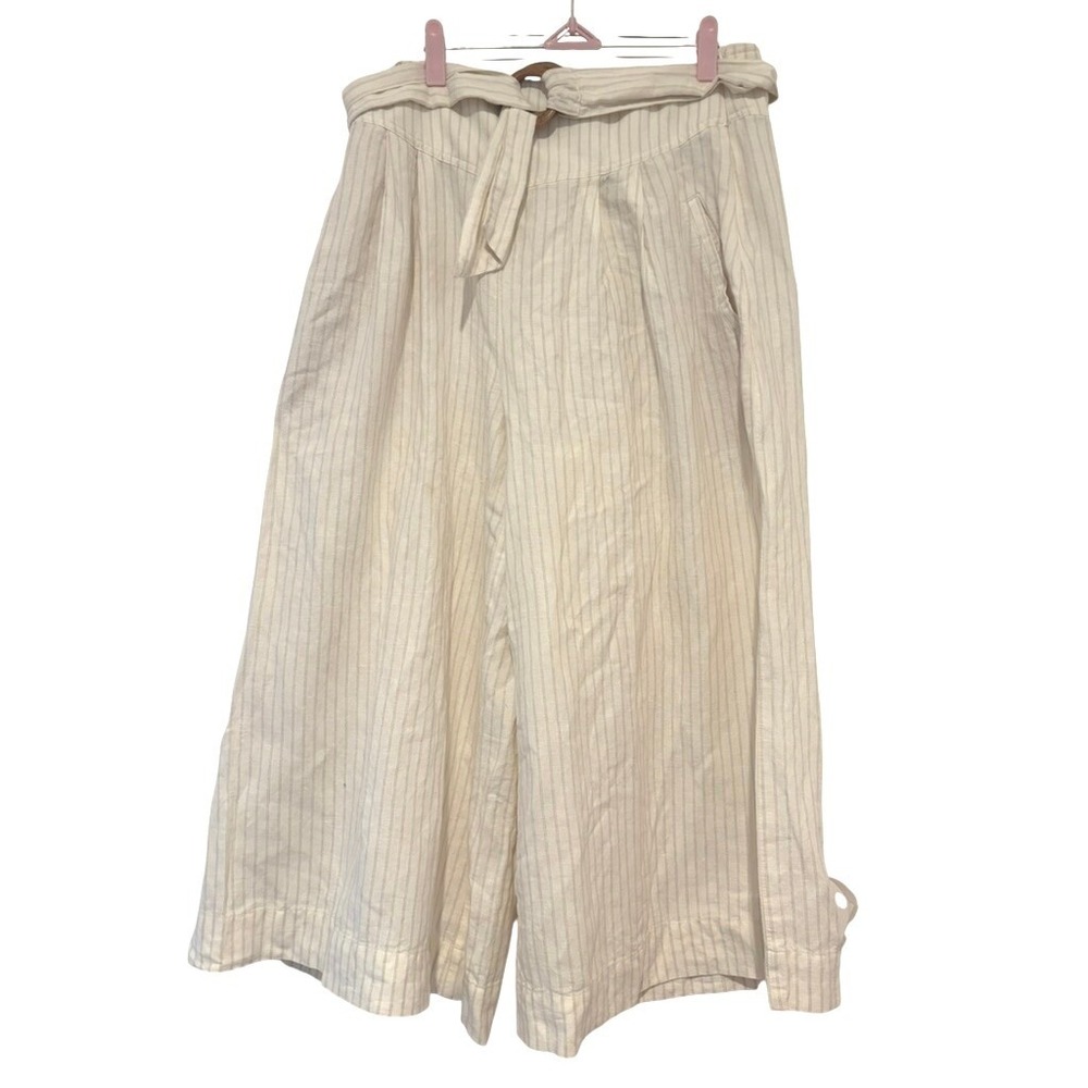 Anthropologie sz 8 wide leg capri cream pinstriped linen and cotton pants KK